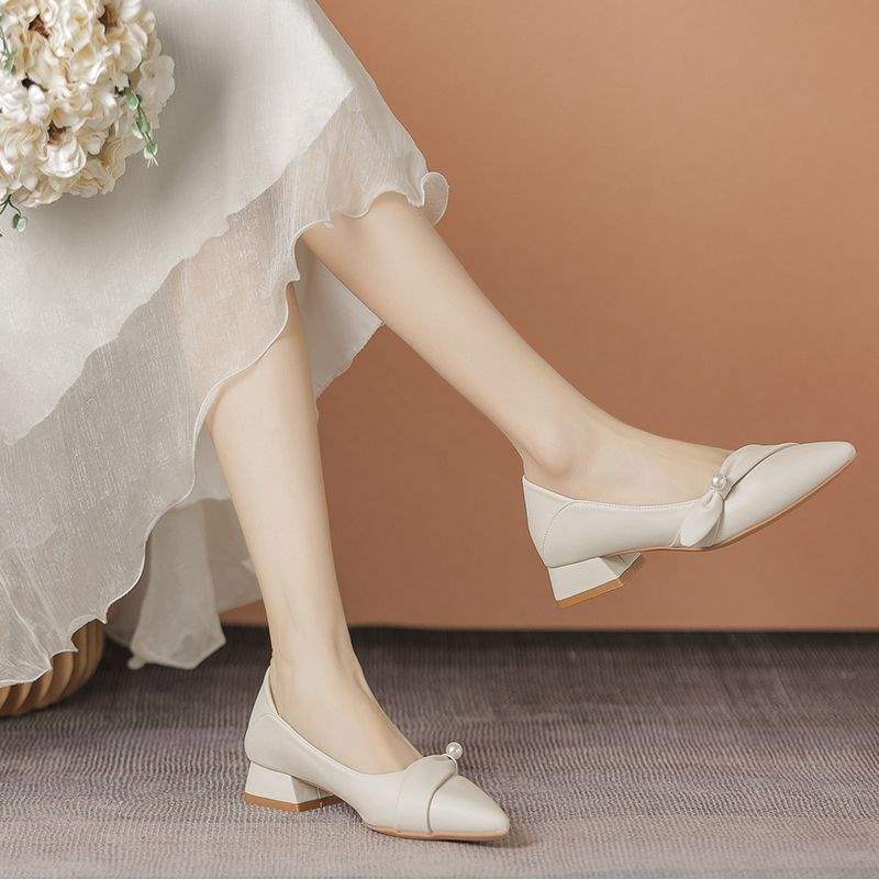 Women's French Style Professional Work Leather Shoes2025Spring and summer new style commuting temperament pointed toe chunky heel women's shoes