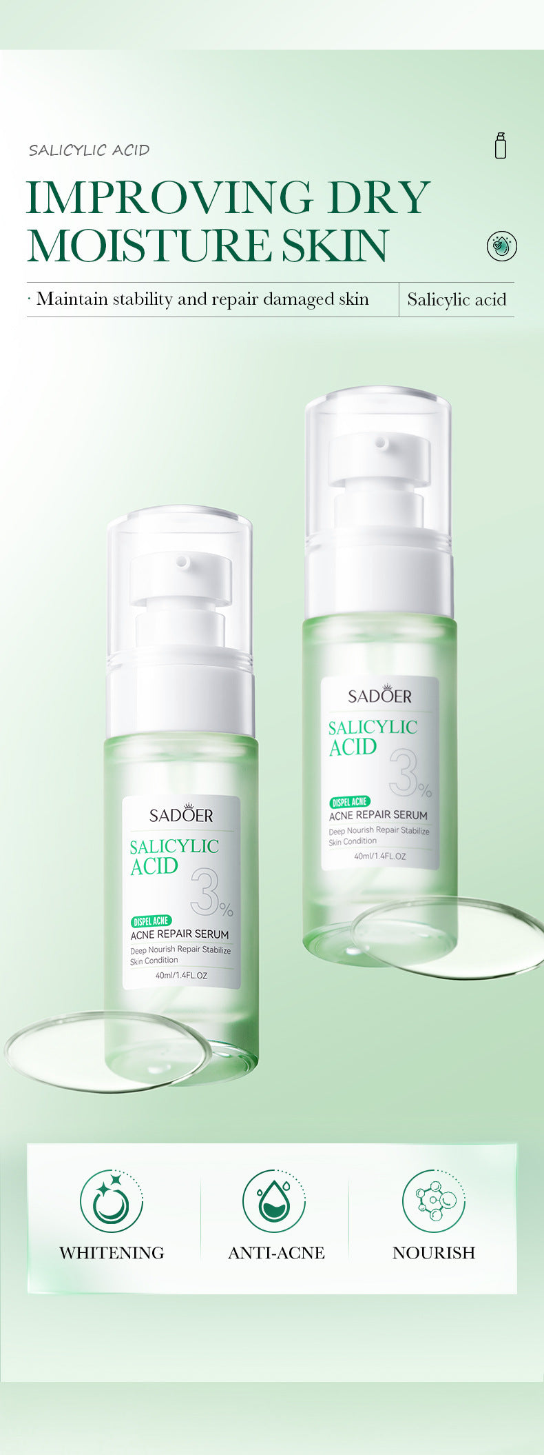 Full English Salicylic Acid Skincare Series SADOER Anti-acne Amino Acid Moisturizing and Hydrating Skin Care Products  Foreign Trade Approval