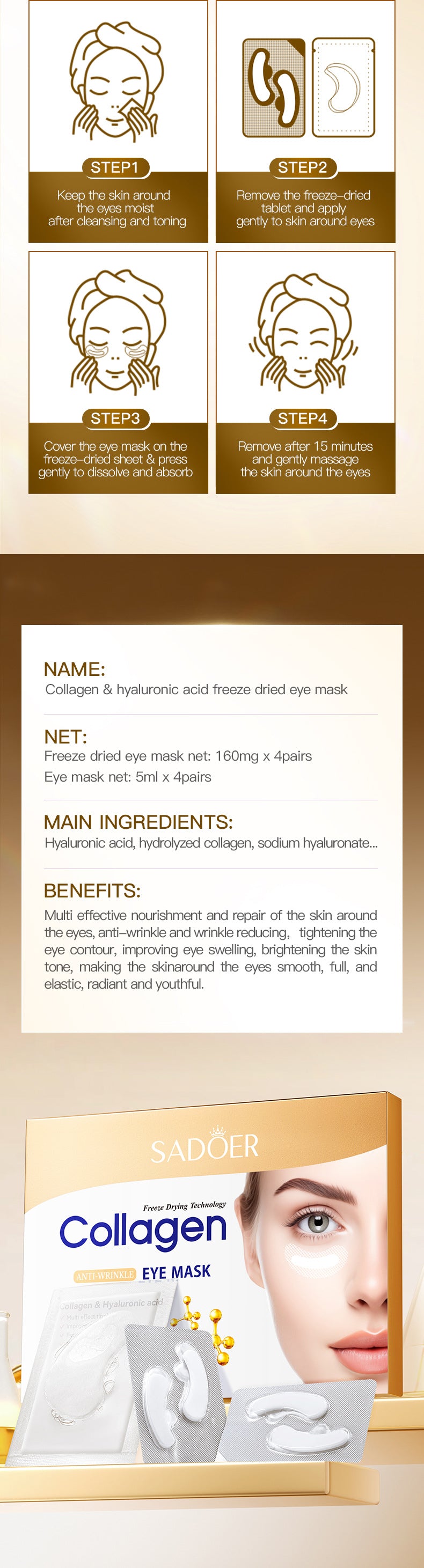 Collagen Hyaluronic Acid Freeze-Dried Eye Mask SADOER Firming and Moisturizing Eye Mask Cross-Border Wholesale