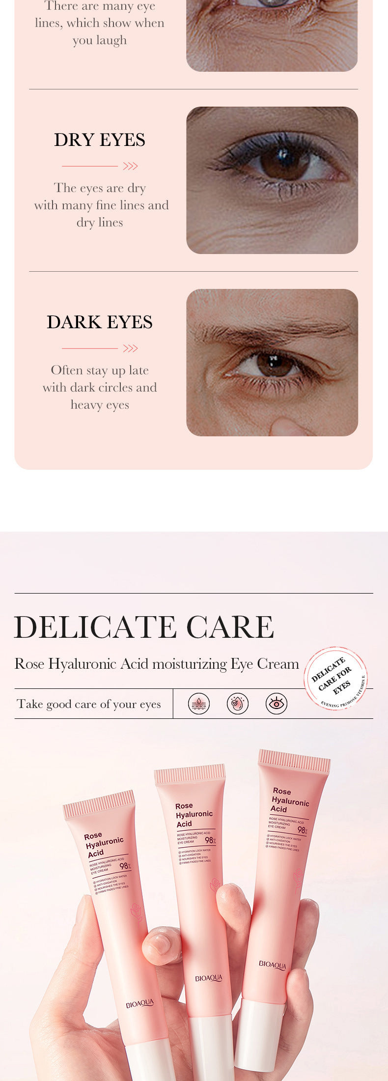 Eye Cream20gBIOAOUA Rose Rice Hyaluronic Acid Lightens Dark Circles and Eye Wrinkles Cross-Border Wholesale