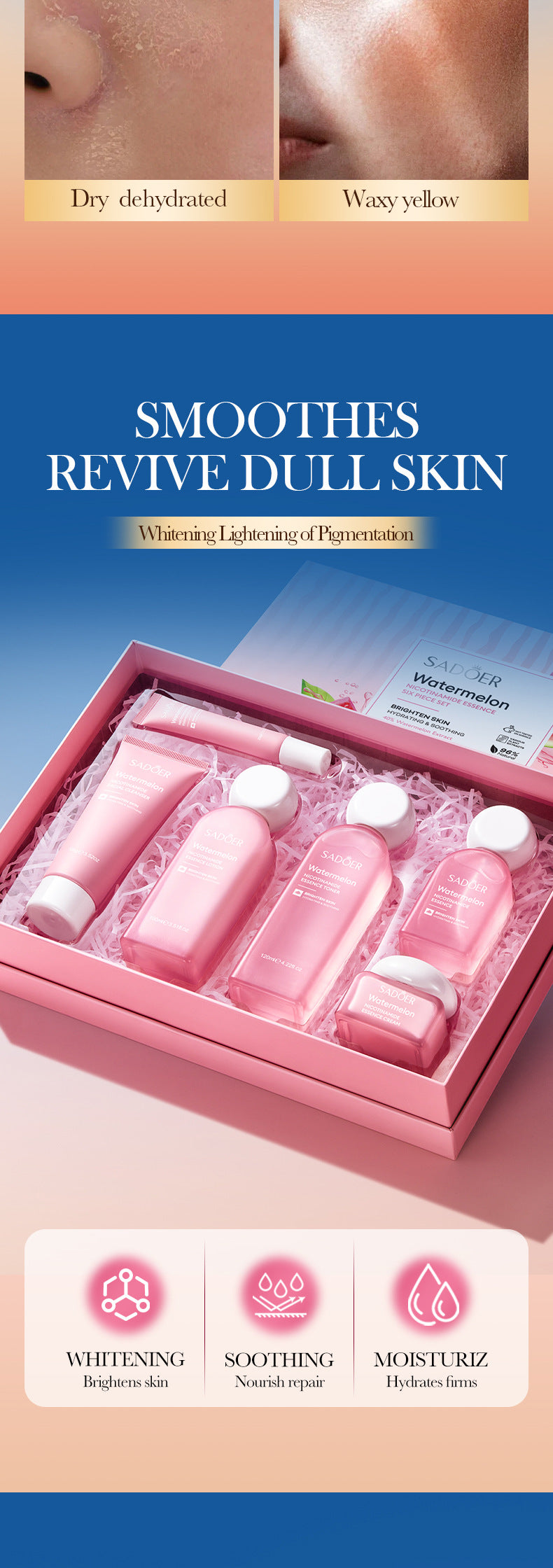 Full English Watermelon Niacinamide Six-Piece Set SADOER Moisturizing and Hydrating Set Box  Wholesale