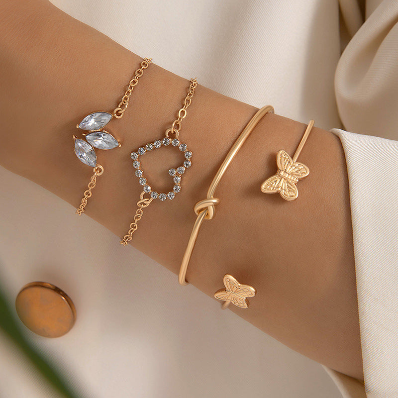 European and American Light Luxury Accessories Heart-shaped Leaf Inlaid Diamond Four-layer Bracelet Butterfly Knot Open Bracelet Set for Women
