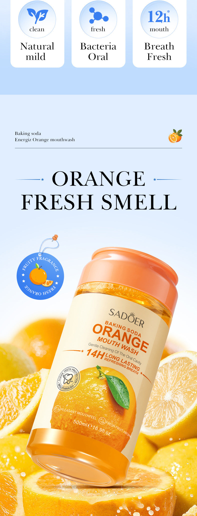Fruit Mouthwash SADOER Fresh Orange Baking Soda Tooth Stain Remover Mouthwash Bottle Cross-Border Wholesale