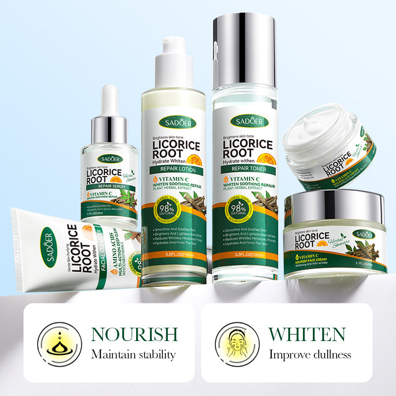 Licorice VC Skin care set SADOER Whitening, hydrating, skin rejuvenation, nourishing six-piece set for cross-border foreign trade wholesale