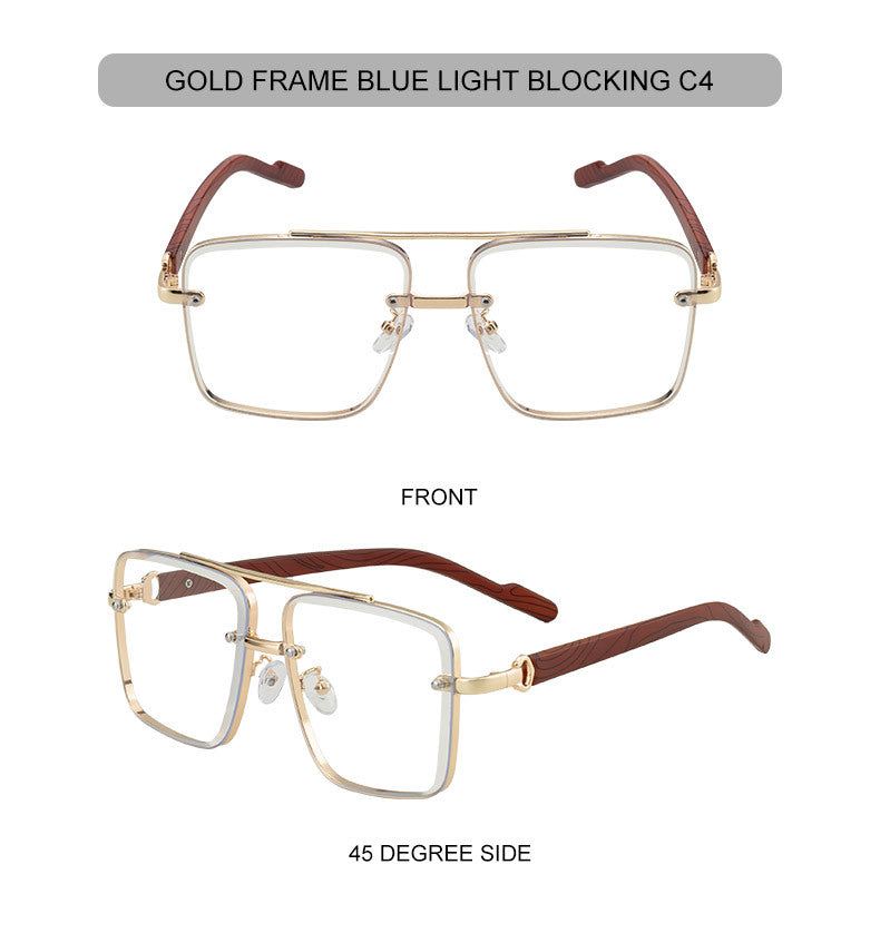 2025New European and American Fashion Square Frame Sunglasses for Men Retro Imitation Wood Grain Temple Double Bridge Sun Protection Sunglasses for Men