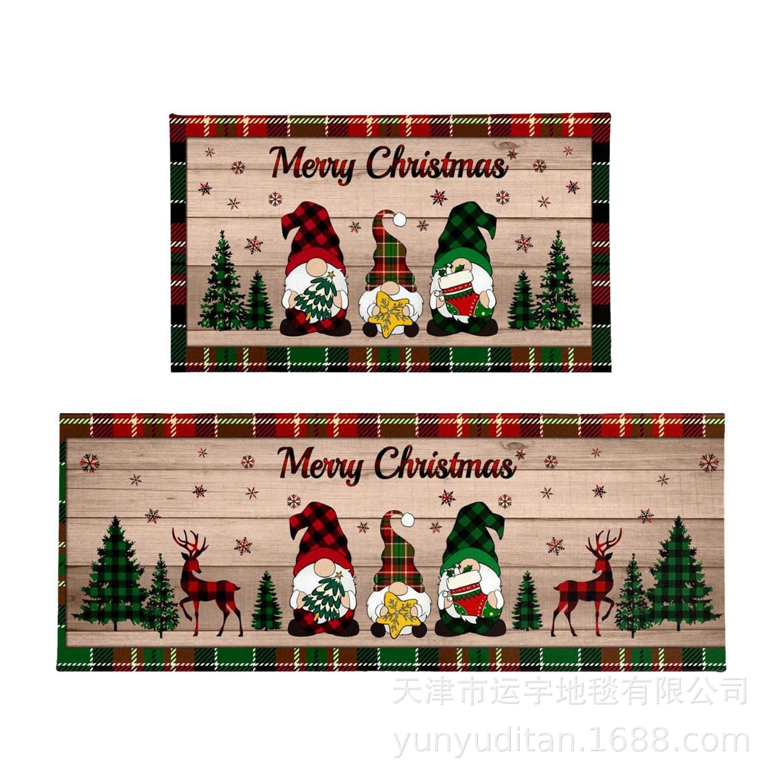 Christmas Kitchen Floor Mat Two-Piece Set Crystal Velvet Water-Absorbent Oil-Absorbent Non-Slip Foot Mat Holiday Decorative Floor Mat