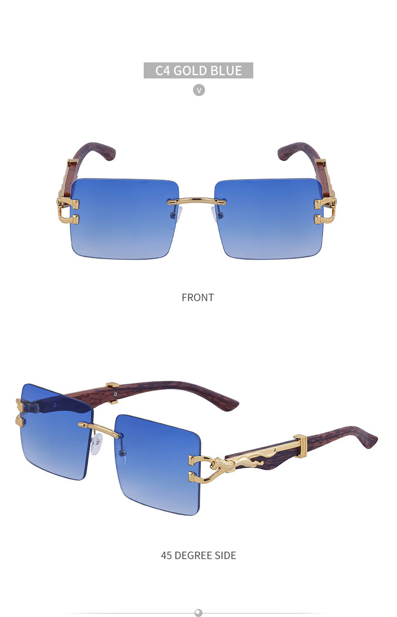 Vintage Rimless Sunglasses for Women with Leopard Wood Grain Temples, Square Frame Sunglasses for Men, Trendy Eyewear shades