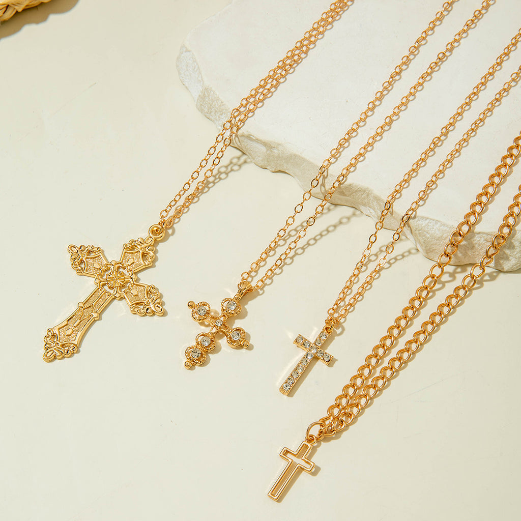 European and American Retro Hollow Diamond Cross Pendant Necklace Gothic Style Black Layered Wear Y Type Necklace