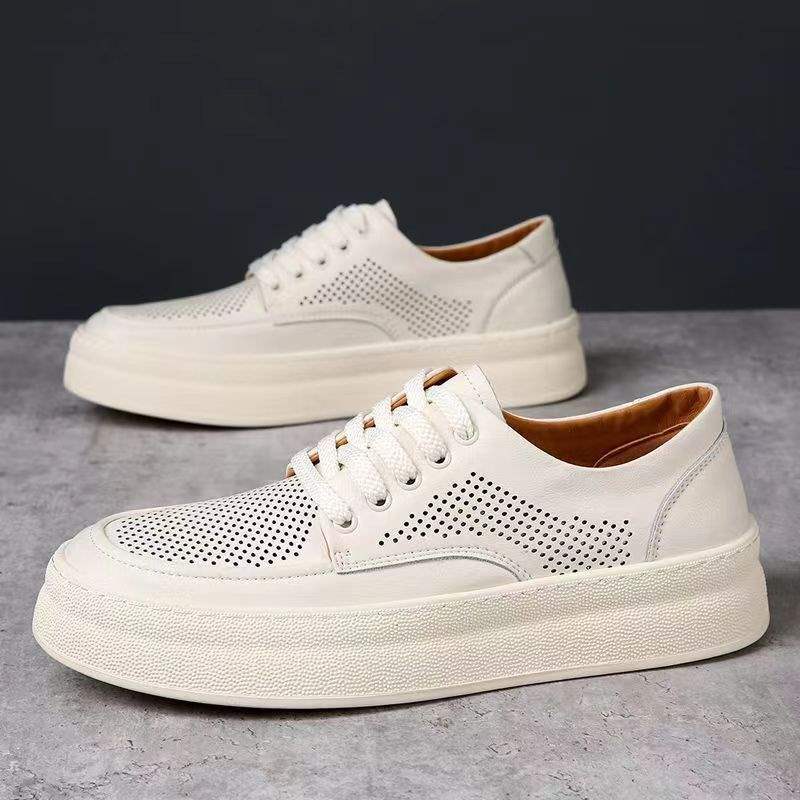 Men's Summer Height-Increasing Thick-Soled Breathable Odor-Resistant Trendy Versatile Genuine Soft Leather Couple's White Shoes Hole Shoes