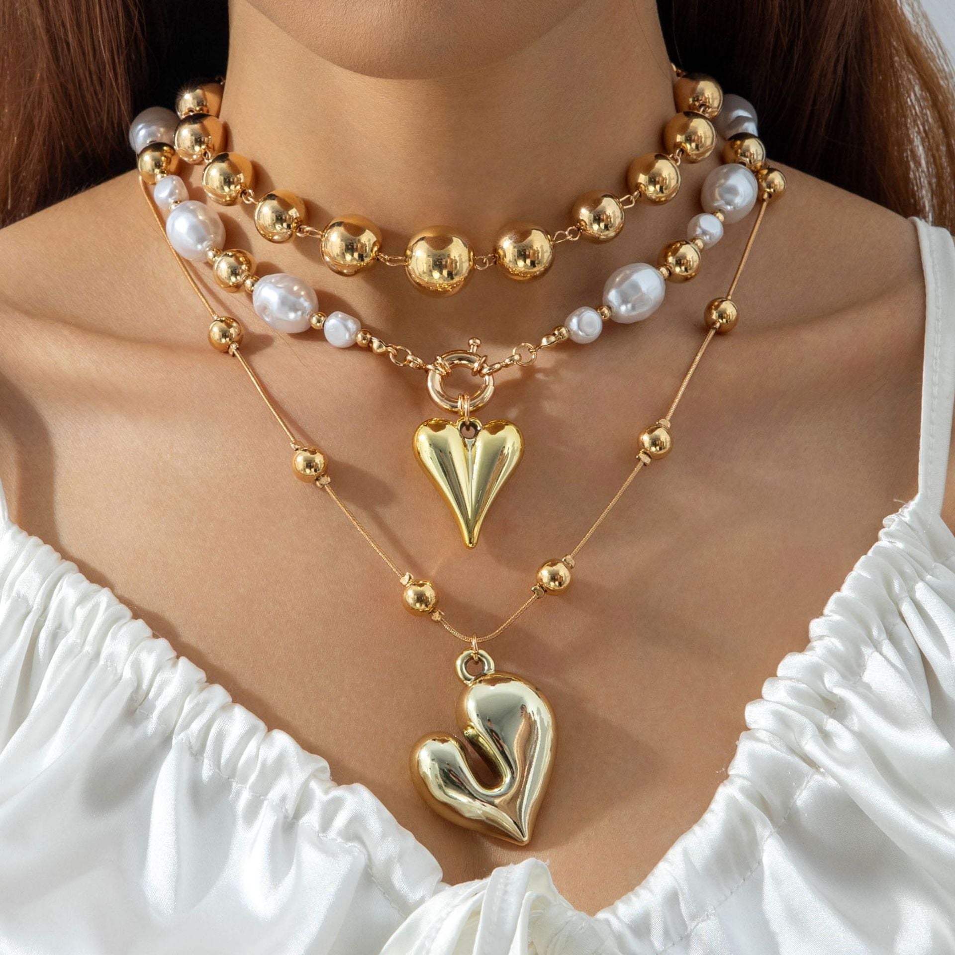 Ornament Layered Wear CCB Peach Heart Necklace Wholesale Baroque Metal Pendant Pearl Necklace