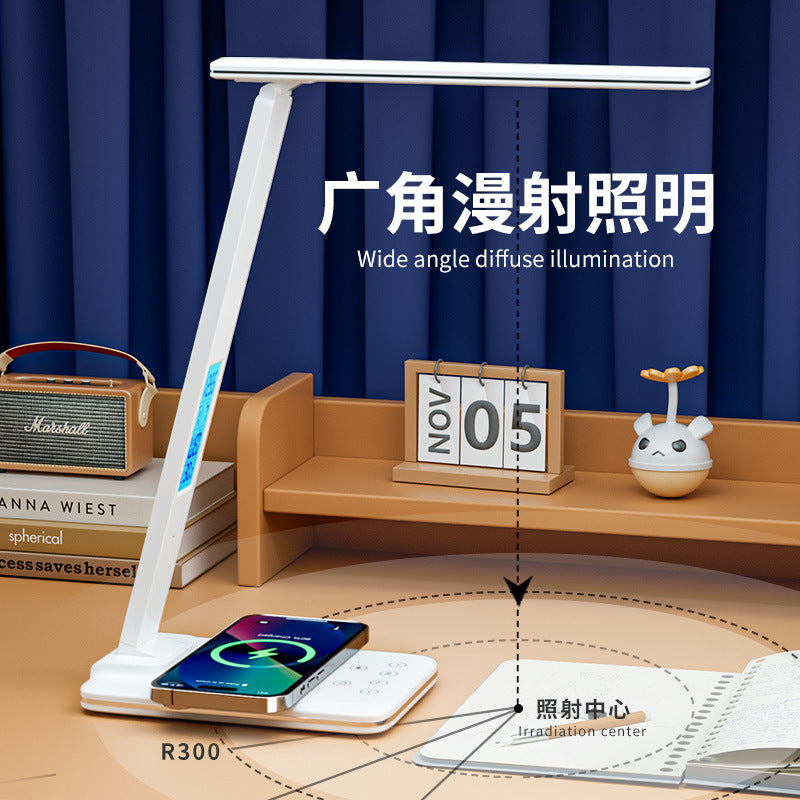 Folding desk lamp for study, multifunctional LED Eye Protection Lamp Desktop Smart15W Wireless Charging Reading Light Alarm Clock