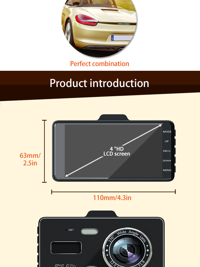 Car HD1080P Touch Screen4Dual Lens Front and Rear Dual Recording Dash Cam with Rear View Camera