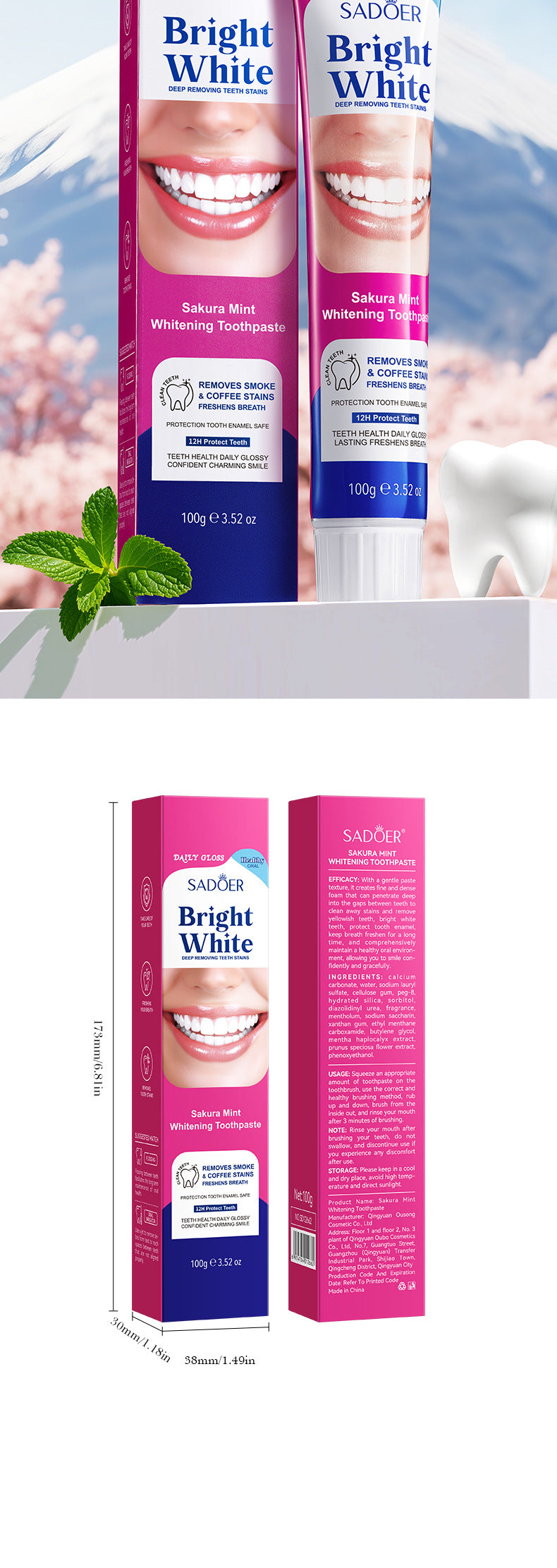 Sakura Mint Whitening Toothpaste SADOER Teeth Cleaning Oral Toothpaste Cross-Border Wholesale