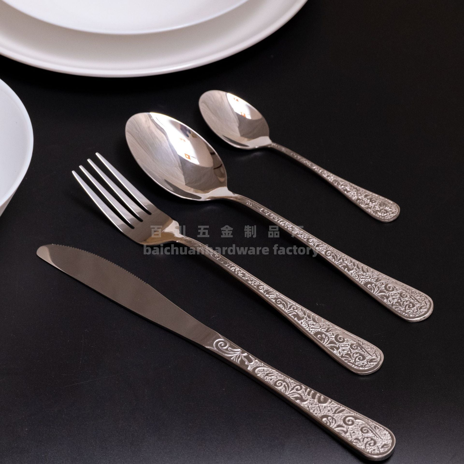 Phoenix Series Knife, Fork, and Spoon Stainless Steel Cutlery Set Five-Piece Retro Relief Pattern Western Steak Knife and Fork