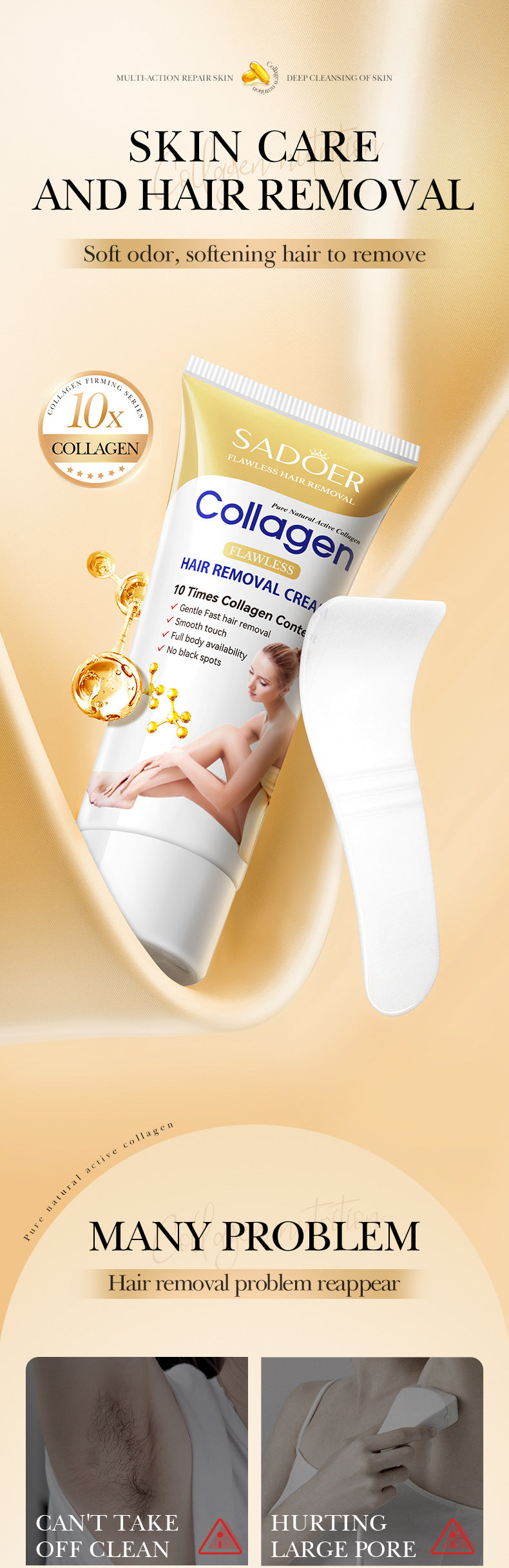 Full English Collagen Gentle Hair Removal Cream SADOER Skin-friendly Non-irritating Underarm Hair Removal Cream  Wholesale