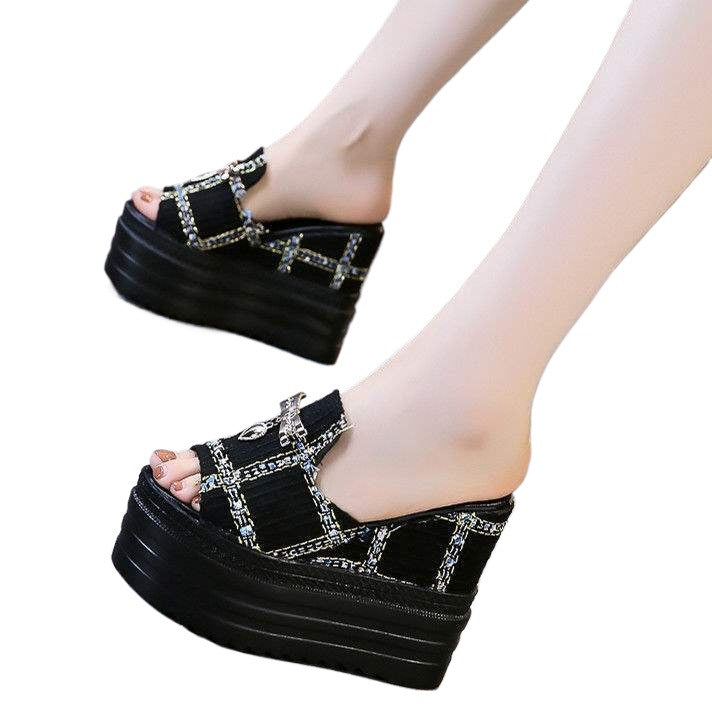 Summer Women's Thick-Soled Waterproof Platform Wedge Slippers with Hidden Height Increase12cm Fish Mouth Beach Sandals for Women