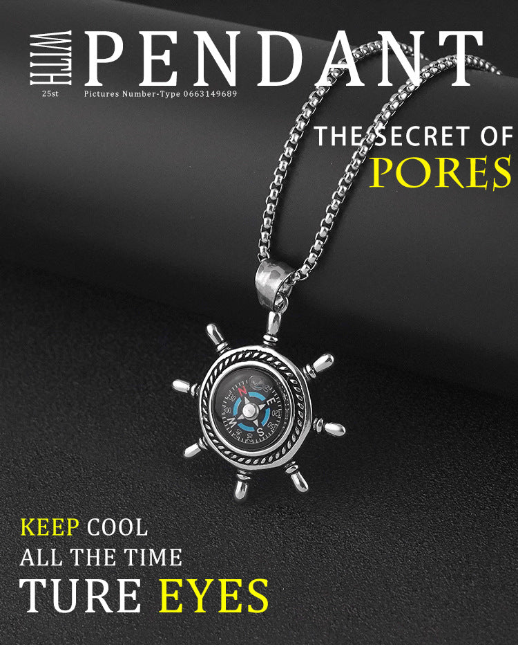 New Stainless Steel Compass Titanium Steel Pendant Personality Outdoor Trendy Fashion Punk Rock Necklace Wholesale