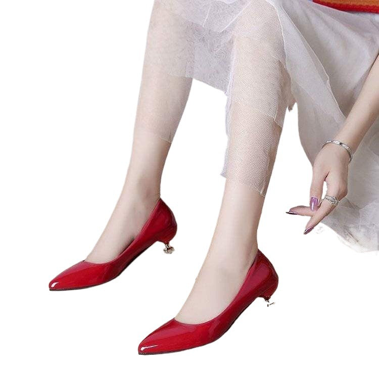 Low Heel High Heel Shoes Shiny Leather Cat Heel Shoes for Women3cm Stiletto Low Heel Korean Style Elegant Pointed Toe Small Heel Single Shoes Work Shoes
