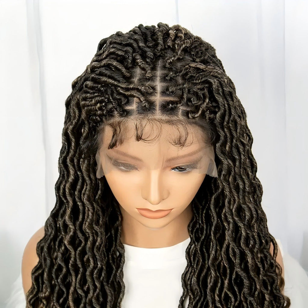 European and American African Full Lace Synthetic Fiber Curved Top and Bottom Hand-Crocheted Lace Headpiece Faux Locs Wig Full Lace Wig