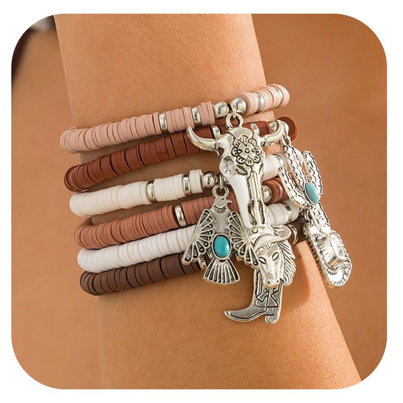 Vintage Multi-layer Soft Clay Bracelet European and American Cowboy Hat Bohemian Layered Bracelet Cow Head Cactus Turquoise Bracelet
