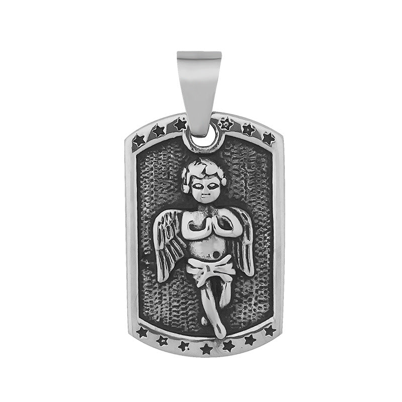 New Stainless Steel Square Angel Pendant Necklace for Men, Vintage Style, Titanium Steel Pendant, Factory Wholesale