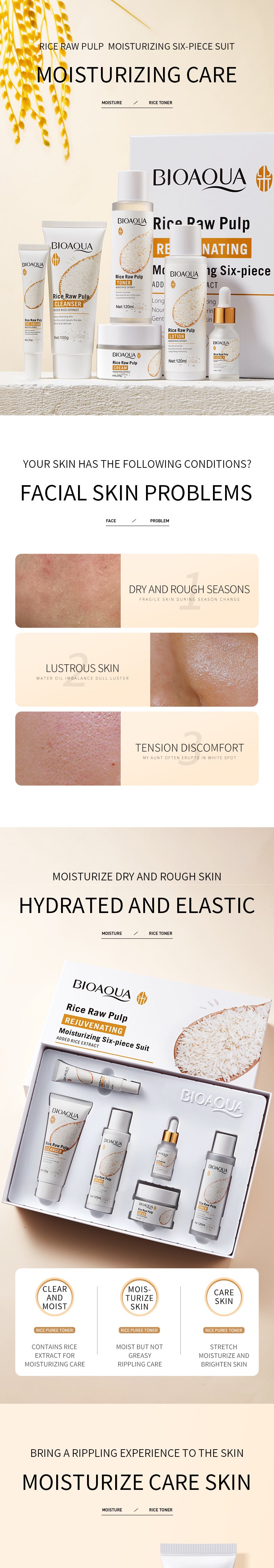 Full English Rice Skincare Set BIOAOUA Rice Puree Series Six-Piece Set Box  Wholesale