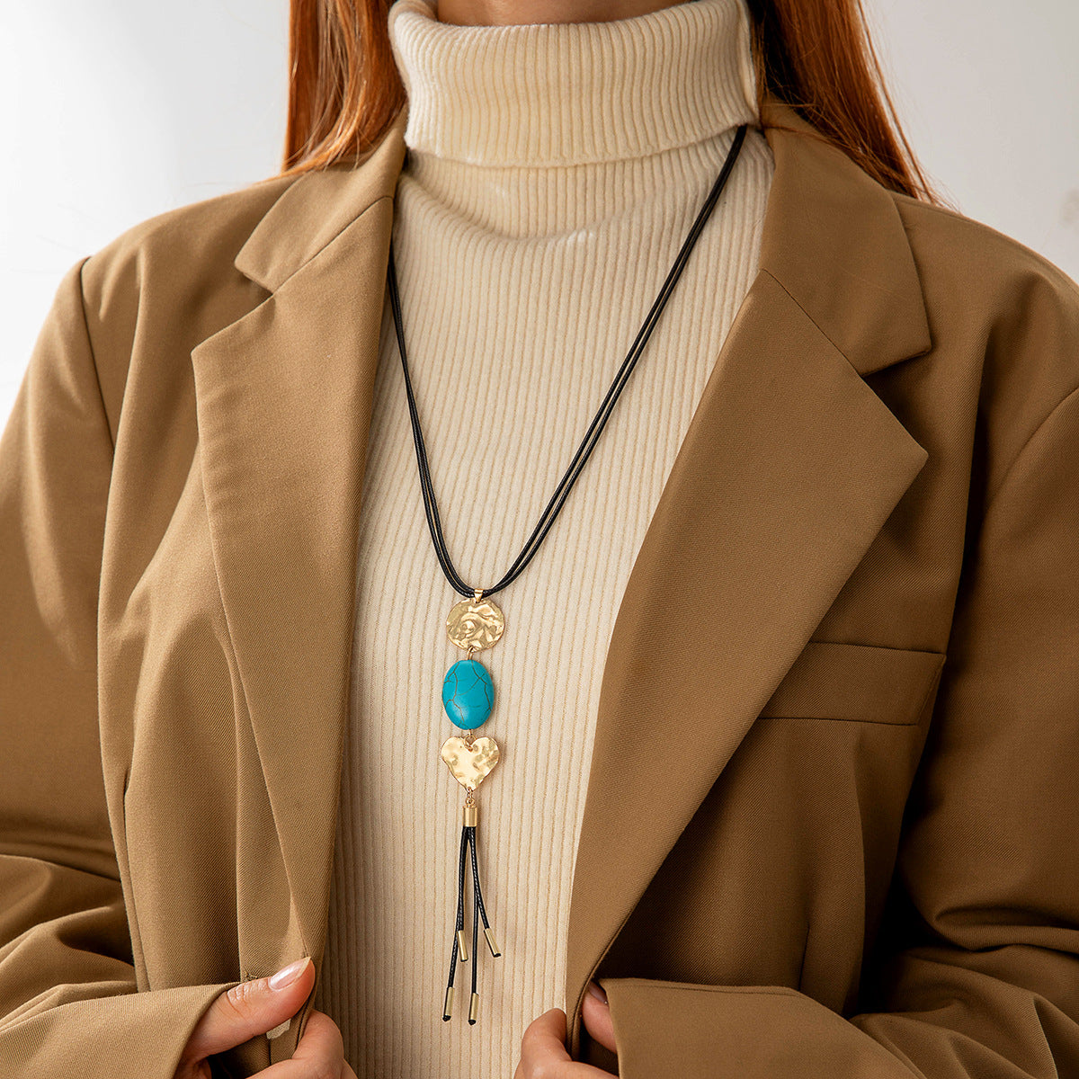 European and American Retro Turquoise Pendant Sweater Chain Design Heart-shaped Women's Autumn Winter Long Tassel Y Type Necklace