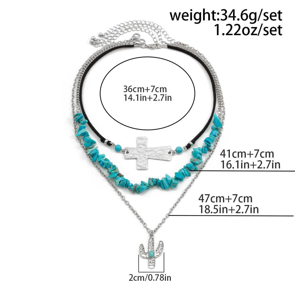 Western Cowboy Turquoise Necklace European and American Layered Necklace Set Cactus Boots Pendant Ethnic Style Retro Necklace