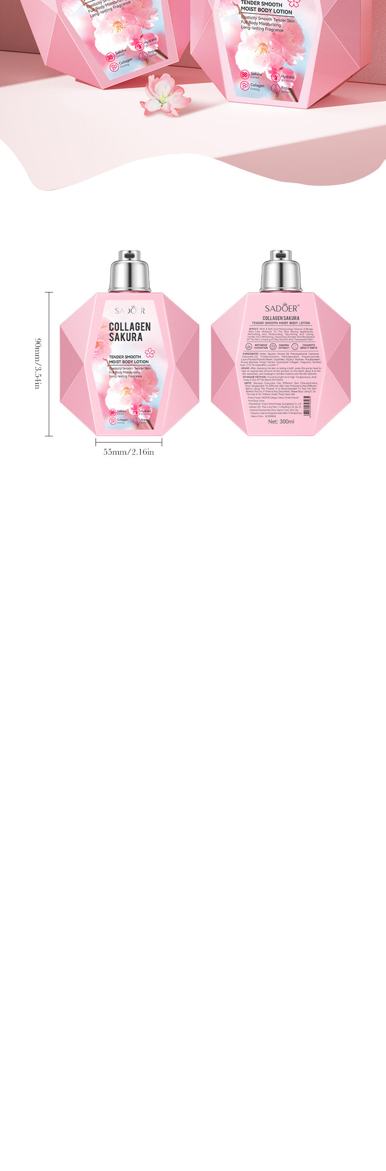 Sakura Body Lotion300ml SADOER Collagen Tender and Smooth Skin Lotion Cross-Border Wholesale