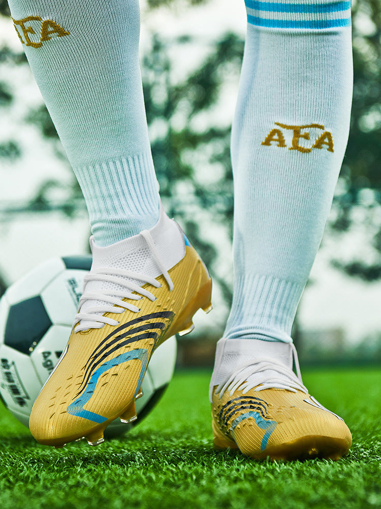 High-top Unisex Youth Soccer Shoes with Broken and Long Spikes for Grass Field Competition Training Student Sports Shoes