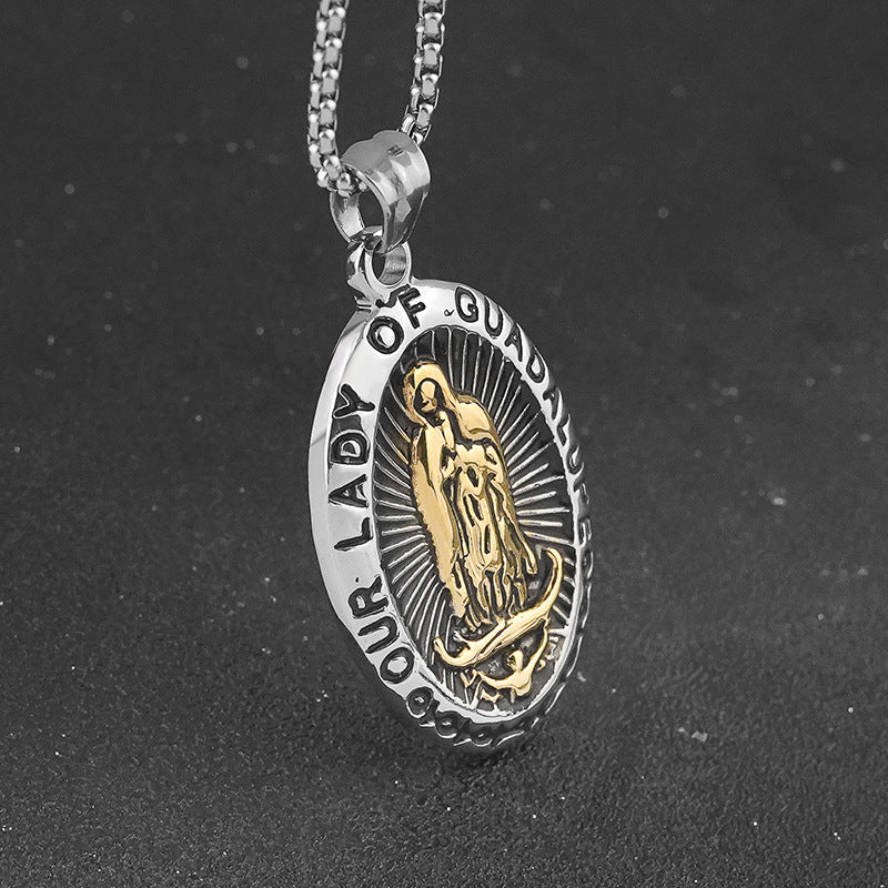 European and American Retro Titanium Steel Virgin Mary Relief Portrait Oval Guadalupe Pendant Collarbone Chain Stainless Steel Necklace
