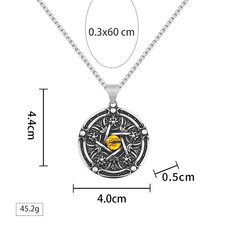 Vintage Stainless Steel Men's Pendant Personality Round Pentagram Demon Eye Titanium Steel Necklace Wholesale