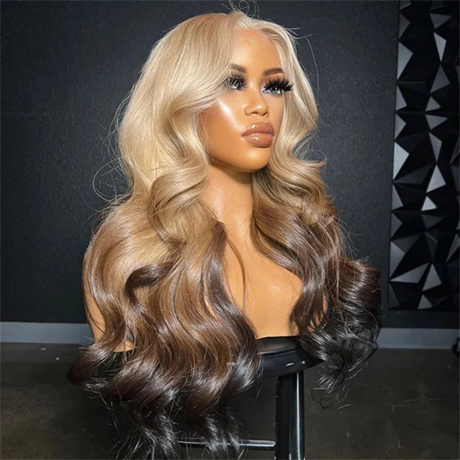 gold Brown Gradient Highlight Synthetic Wig Cross-Border Europe and America Blonde Ombre 13*4 Lace Front