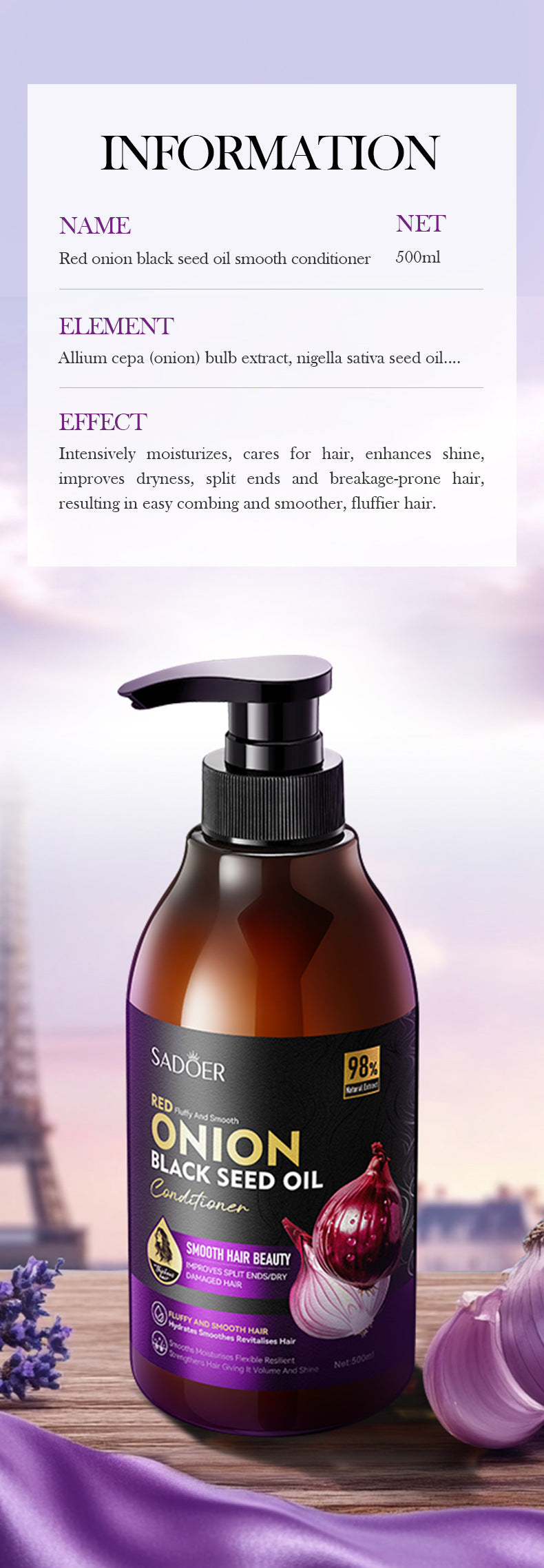 Onion Black Seed Oil Smooth Conditioner SADOER Smooth and Silky Hair Conditioner Cross-Border Wholesale