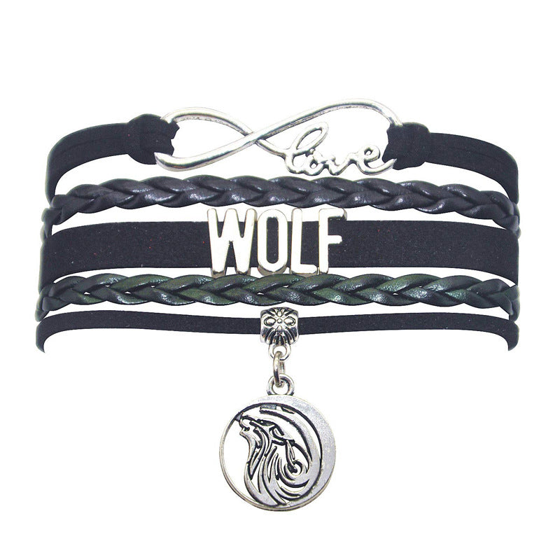 Wolf Dog Pendant Hand-woven Bracelet European and American retro Gift Bracelet wolf Letter Men's Multi-layer Braided Bracelet