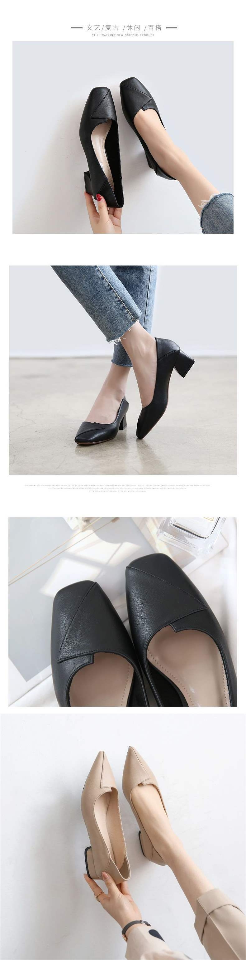 Real Soft Leather Autumn New Style Women's Single Shoes Thick Heel Shallow Mouth High Heels Korean Style Mom Shoes Mid Heel Versatile Grandma Shoes