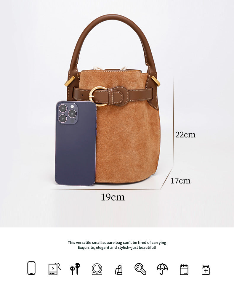 Frosted Leather Bucket Bag Genuine Leather Korean Style Versatile Niche Design Light Luxury Handbag Single Shoulder Crossbody Women's Bag Large Capacity