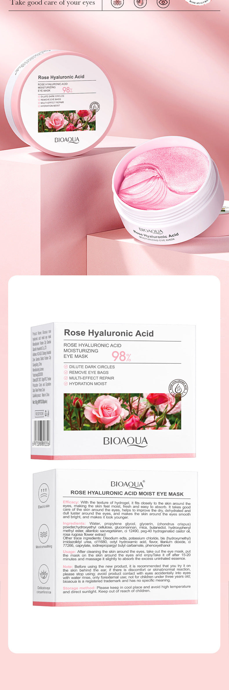 foreign trade BIOAOUA Rose Hyaluronic Acid Moisturizing Eye Mask Hydrating and Moisturizing Eye Mask Wholesale