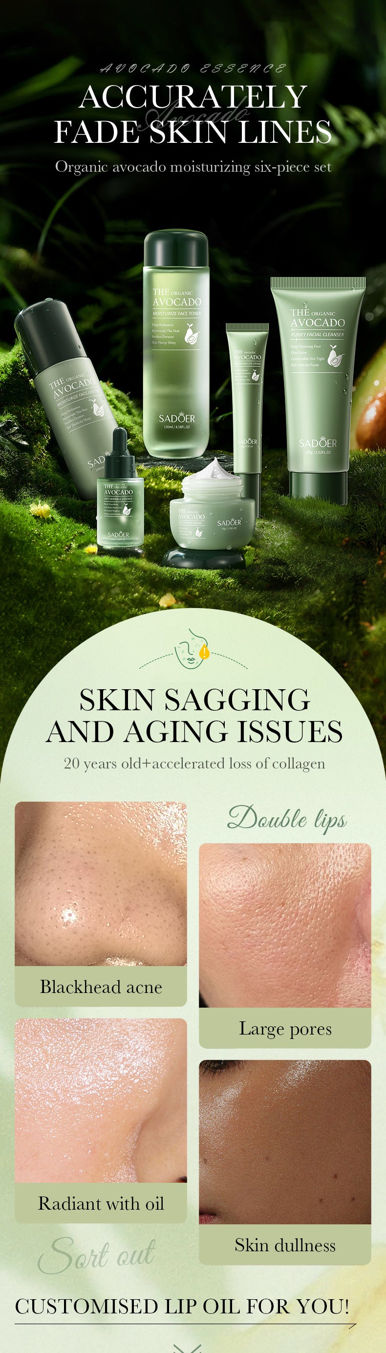 Full English Avocado Skincare Set SADOER Cleansing, hydrating, and moisturizing six-piece set for  foreign trade wholesale