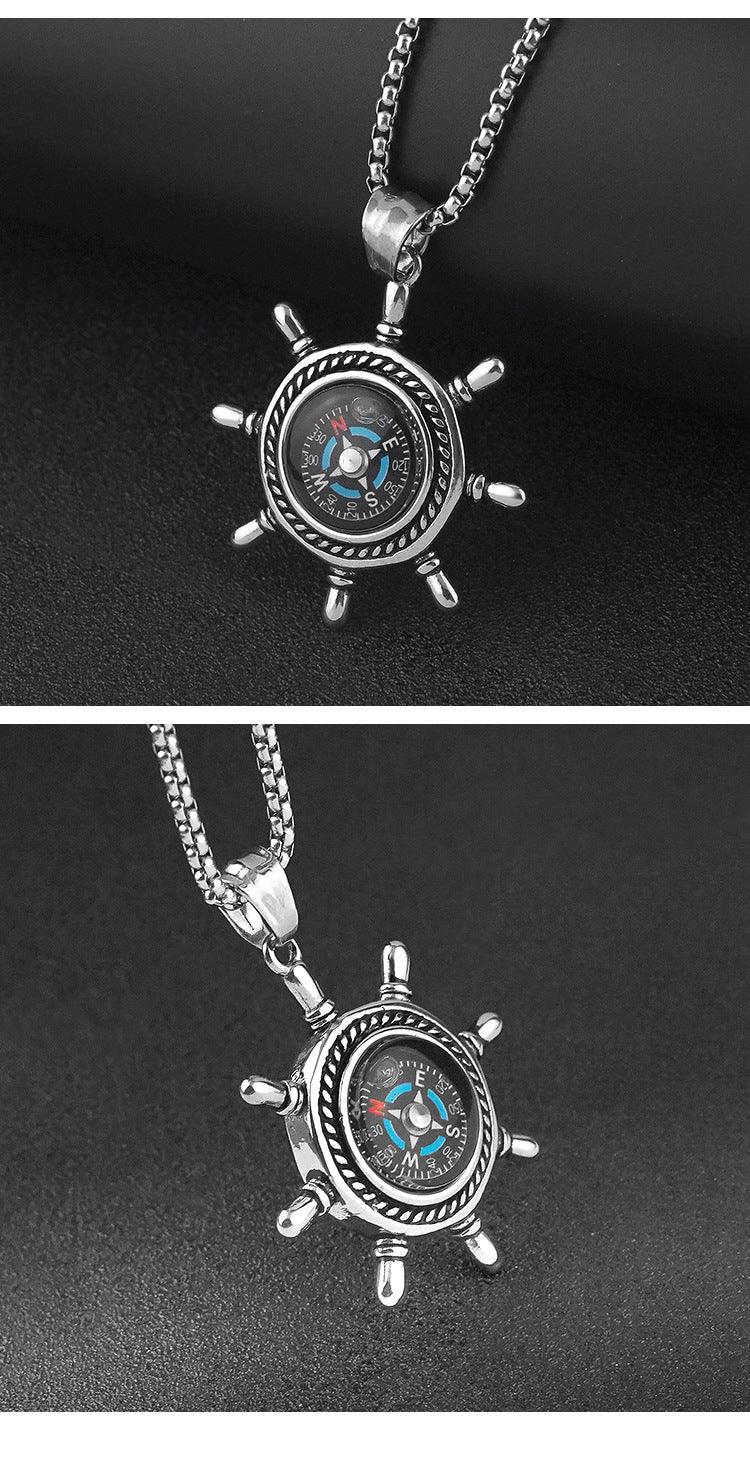 New Stainless Steel Compass Titanium Steel Pendant Personality Outdoor Trendy Fashion Punk Rock Necklace Wholesale