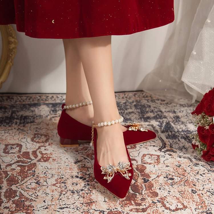 Pointed Elegant Burgundy High Heels2025New Year's New Socialite Bowknot Comfortable Bride Shoes Two-Way Wedding Shoes