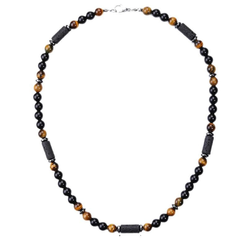 Obsidian Tiger Eye Necklace8mm Natural Stone Rectangular Cylindrical Volcanic Stone Men's Tiger Eye Stone Spacer Necklace