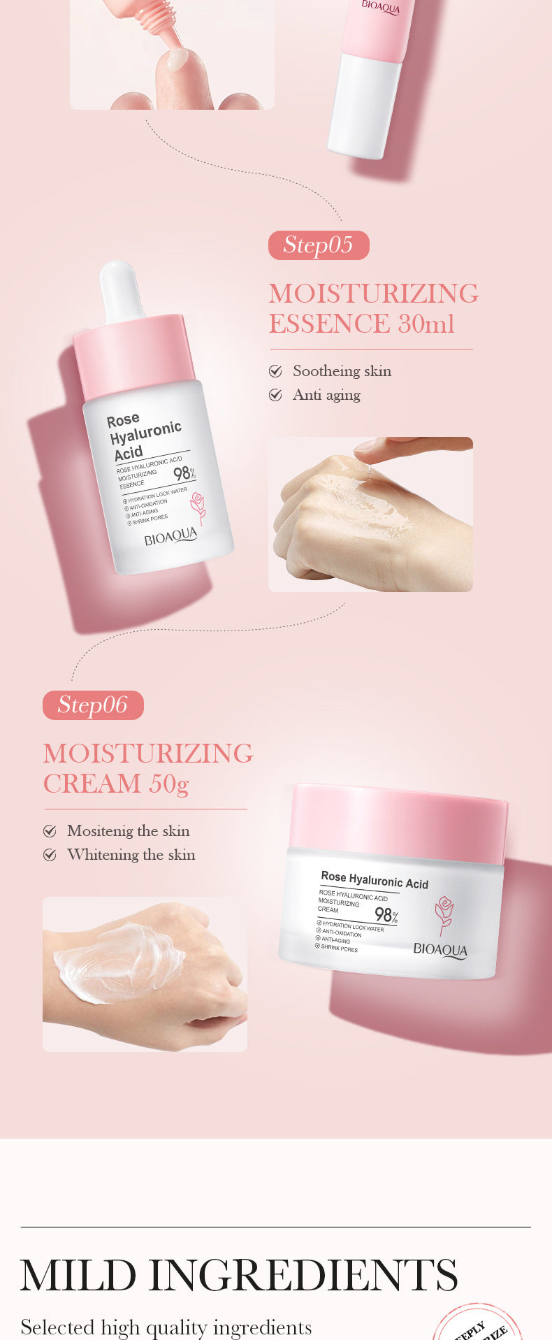 BIOAOUA Rose Hyaluronic Acid Moisturizing Six-piece Set Hydrating skin care product set  wholesale