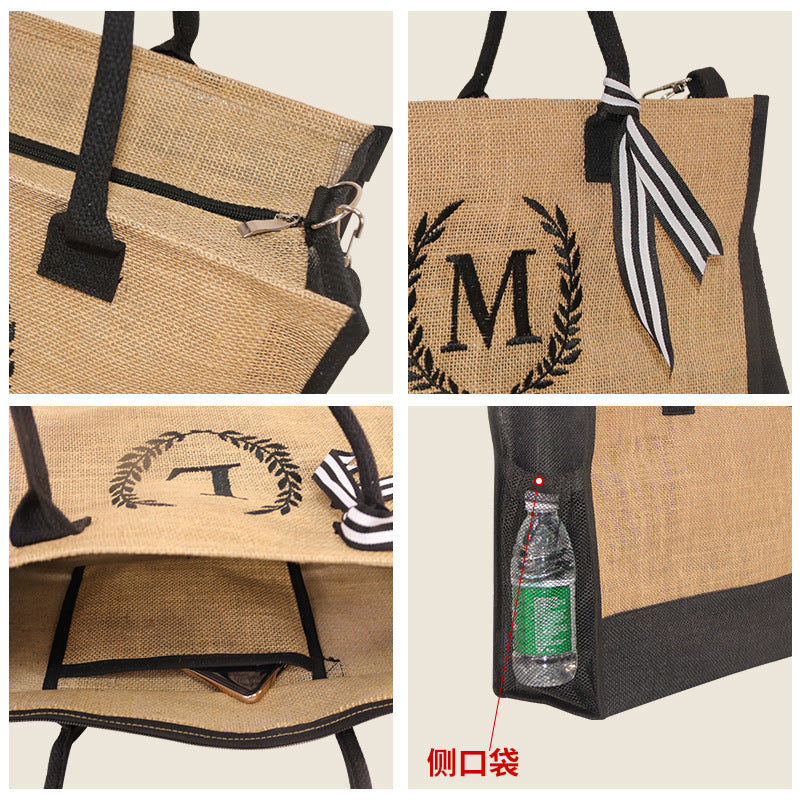 New In-Stock Coated Embroidered Letter Bag Burlap Bag Vintage Personalized Casual Shopping Bag Burlap Tote Bag
