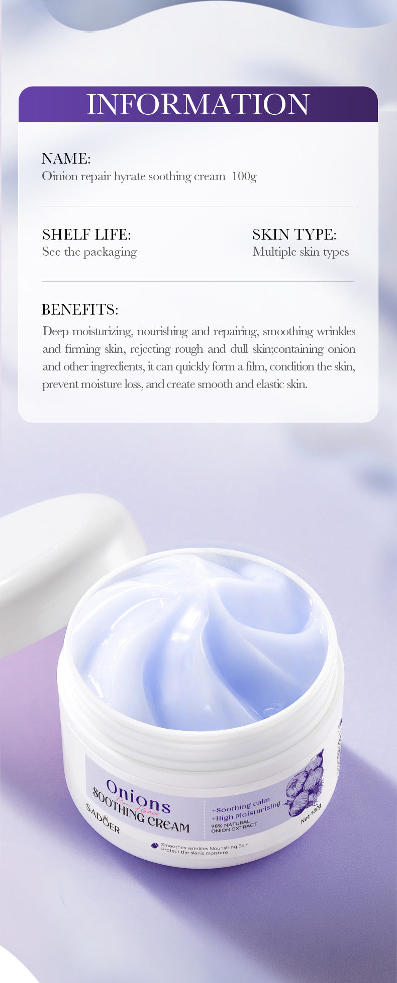 Onion Moisturizing Cream SADOER Plant Moisturizing and Rejuvenating Face Cream Cross-Border Wholesale