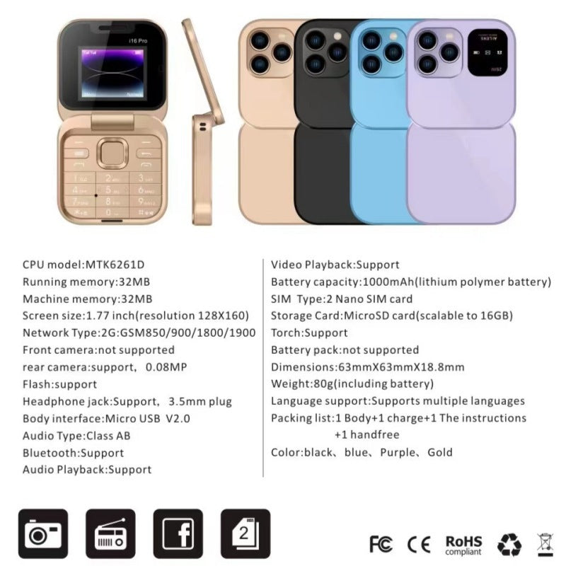 i16pro Foldable Phone Dual SIM Mini Foldable Flip Button Small Phone Pocket Elderly Personalized Wholesale