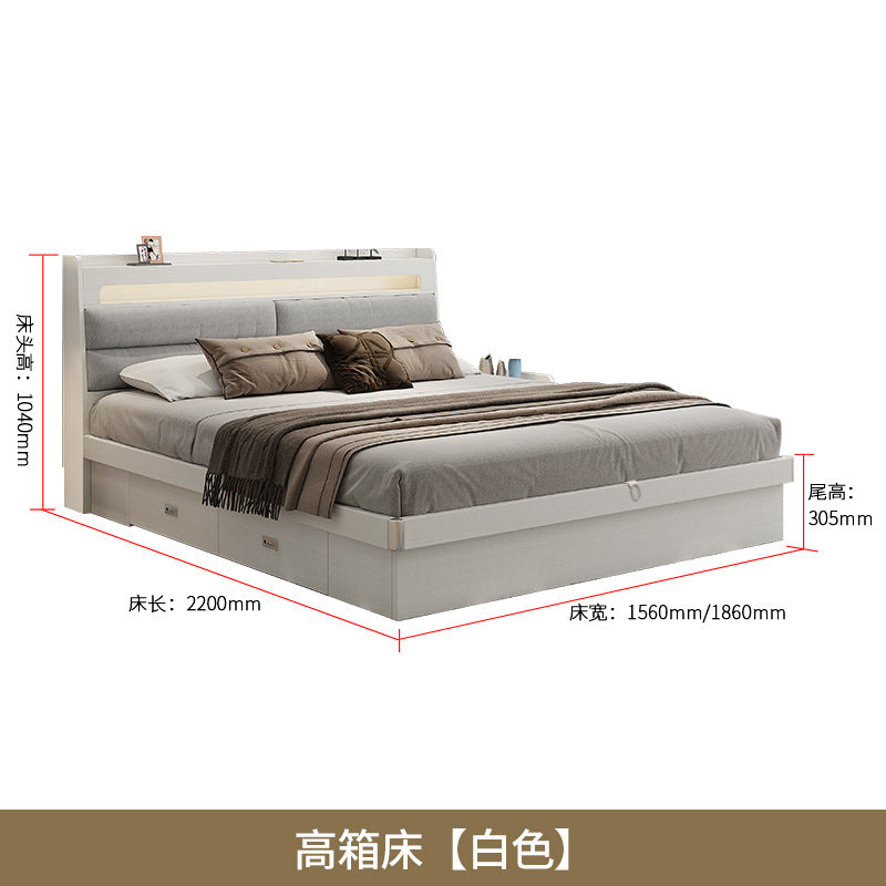 Fabric Bed1.5Small Apartment Master Bedroom Soft Pack Technology Fabric Modern Double Bed White Simple Solid Wood Storage Bed