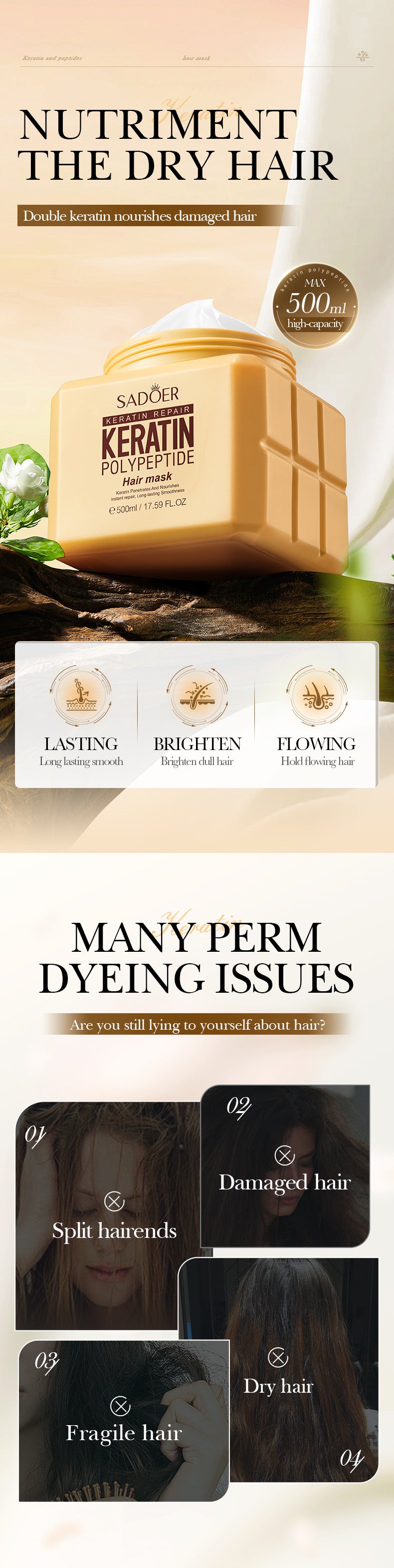 Keratin Peptide Smooth Hair Mask SADOER Smooth and Fluffy Hair Conditioner Cross-Border Wholesale