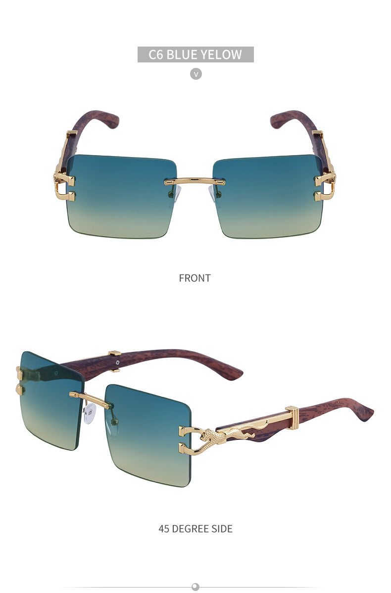 Vintage Rimless Sunglasses for Women with Leopard Wood Grain Temples, Square Frame Sunglasses for Men, Trendy Eyewear shades