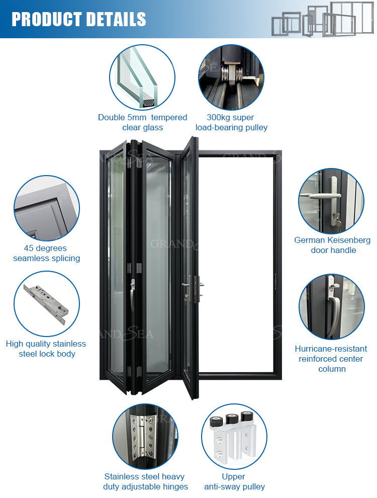 Exterior Accordion Kitchen Bi Fold Door Aluminum Glass Folding Doors for Veranda